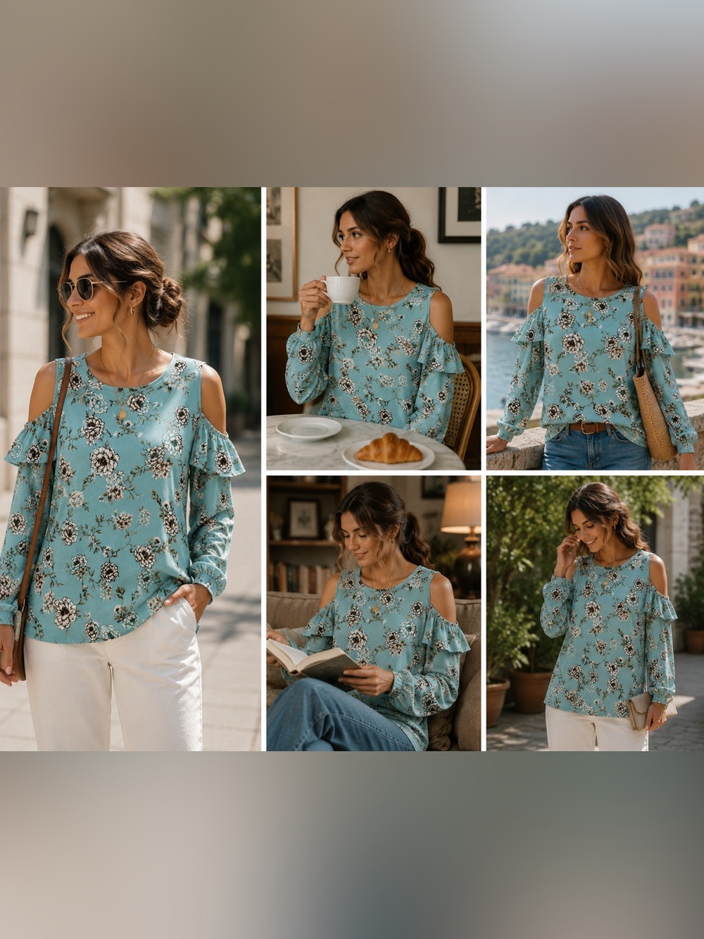 Floral Cold-Shoulder Blouse in Teal